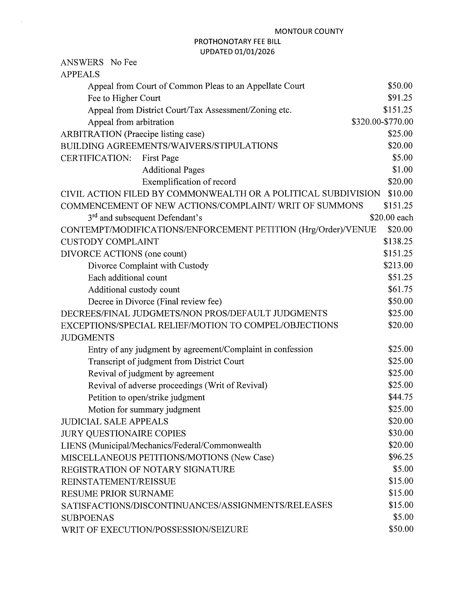 Montour County Prothonotary Fee Bill Page 2