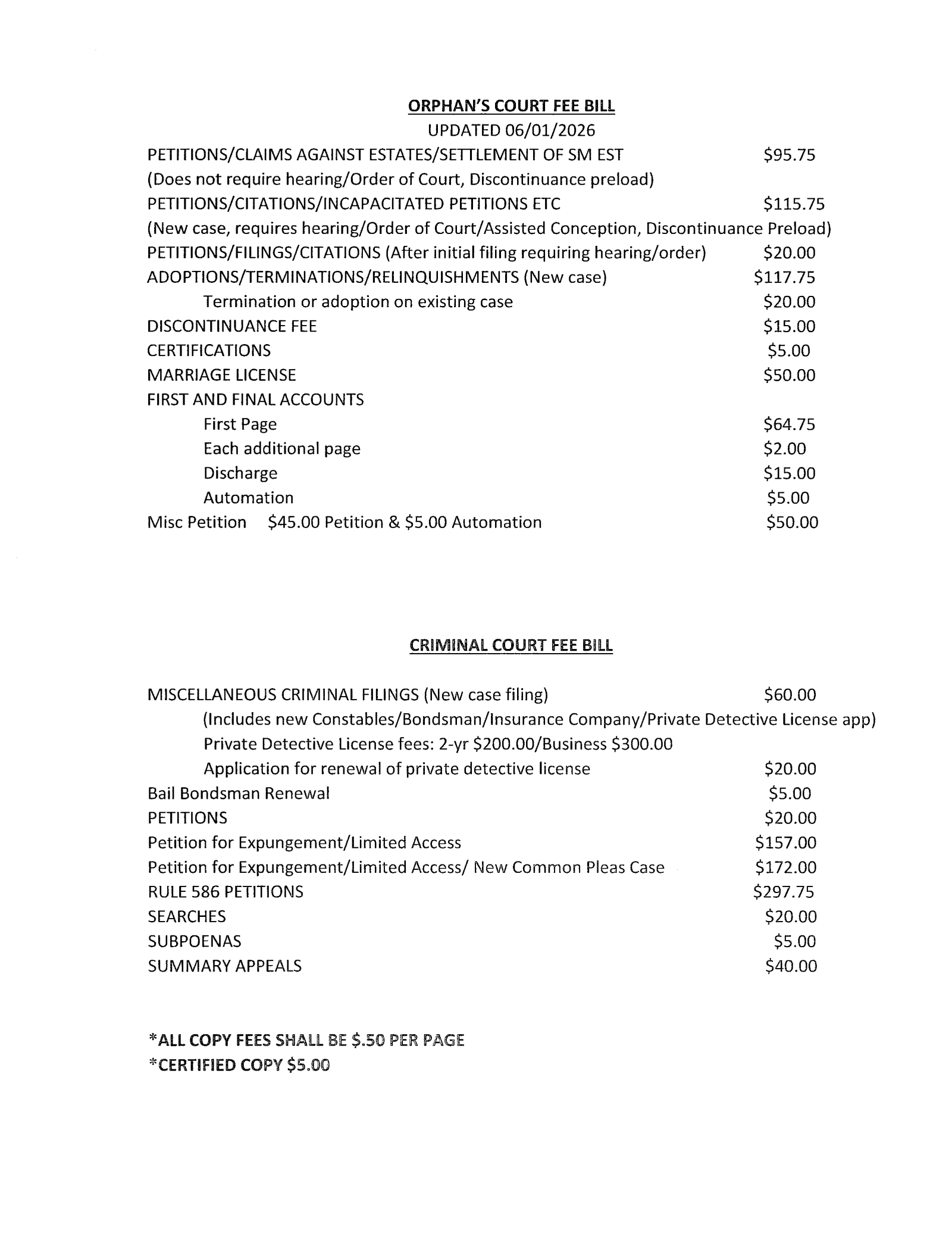 Montour County Prothonotary Fee Bill Page 3