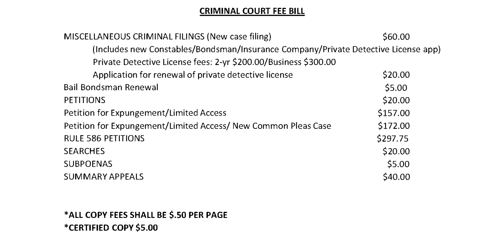 Clerk of Courts Fee Bill